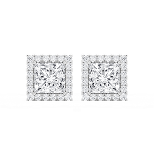 Princess Lab Grown Diamond Four Prong Basket Halo Stud Earrings