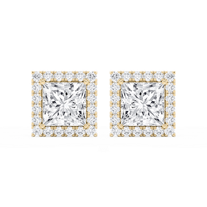 Princess Lab Grown Diamond Four Prong Basket Halo Stud Earrings