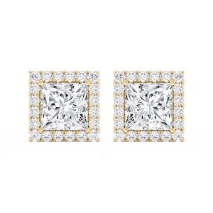 Princess Lab Grown Diamond Four Prong Basket Halo Stud Earrings