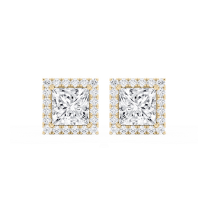 Princess Lab Grown Diamond Four Prong Basket Halo Stud Earrings