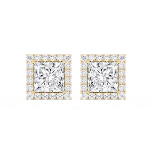 Princess Lab Grown Diamond Four Prong Basket Halo Stud Earrings