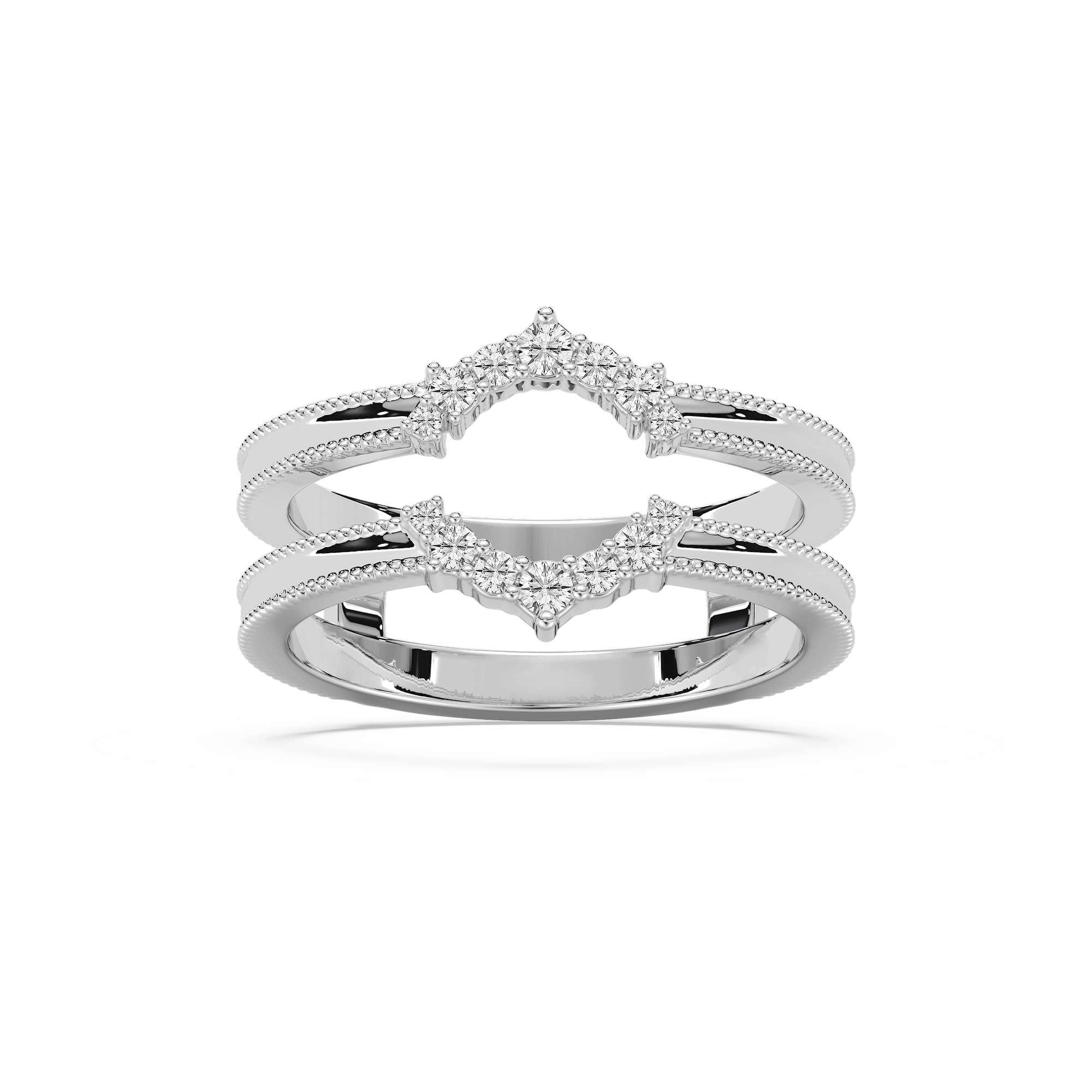 Shown in 14k Yellow Gold|Vintage style diamond accented dual connected band ring guard with lab diamonds and milgrain detailing in 14k yellow gold