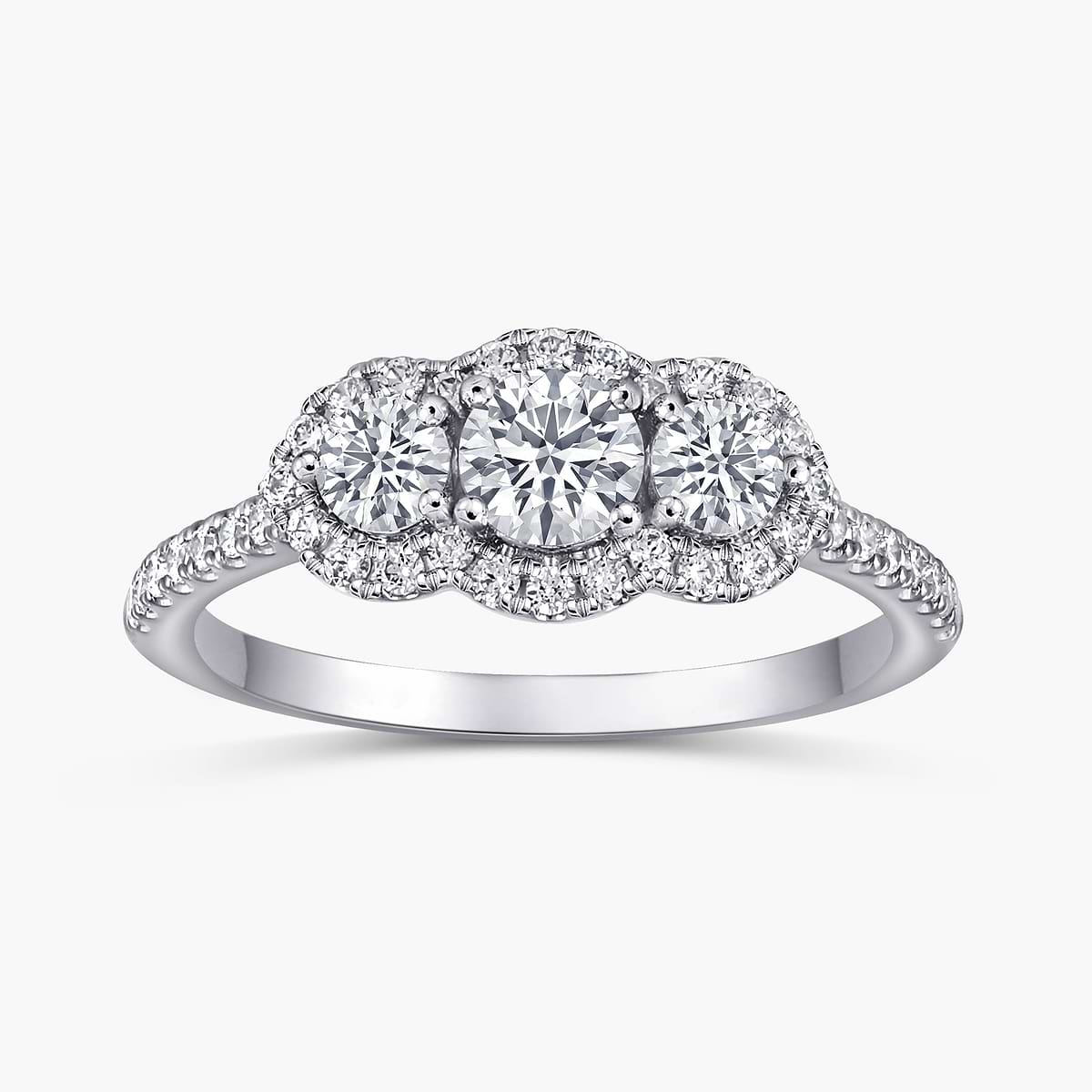 Round Three Stone Halo Ring with 1.00ctw Round Cut Lab-Grown Diamonds in 14K White Gold