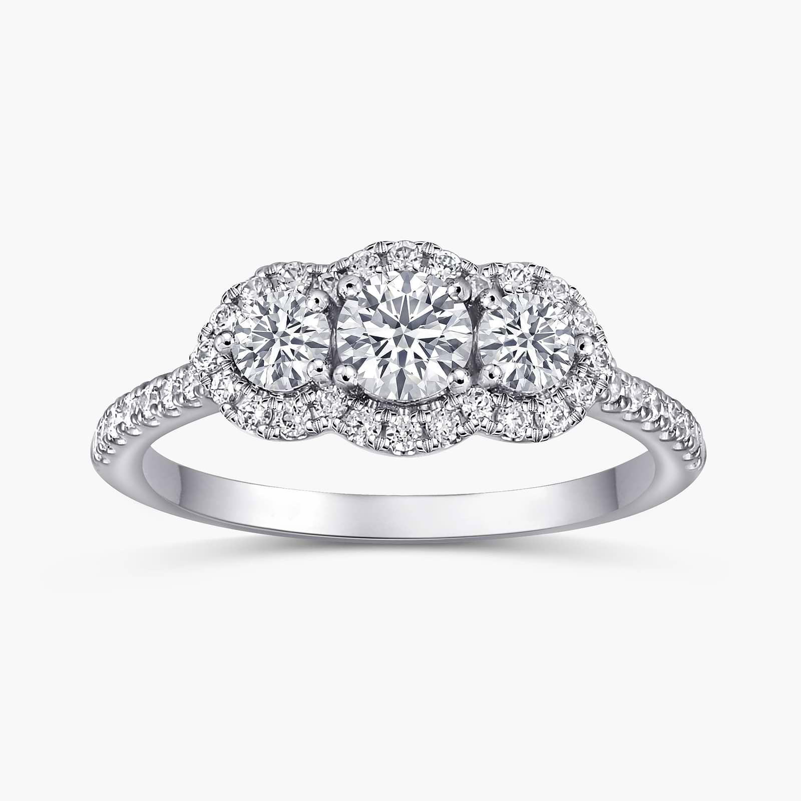 Round Three Stone Halo Ring with 1.00ctw Round Cut Lab-Grown Diamonds in 14K White Gold