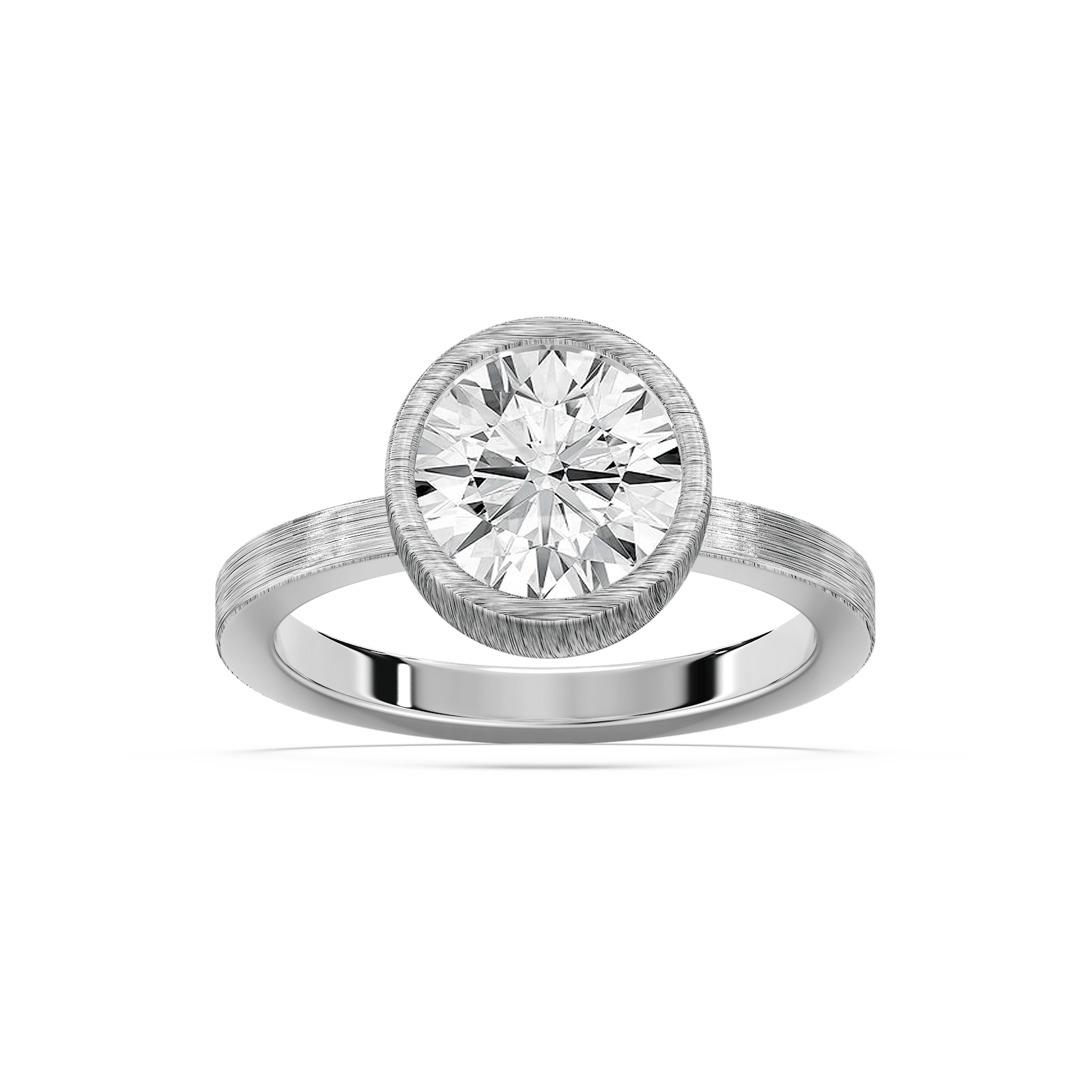 Shown in 14K White Gold with a Satin Hammer Finish|bezel set solitaire engagement ring with satin hammer finish in 14k white gold metal