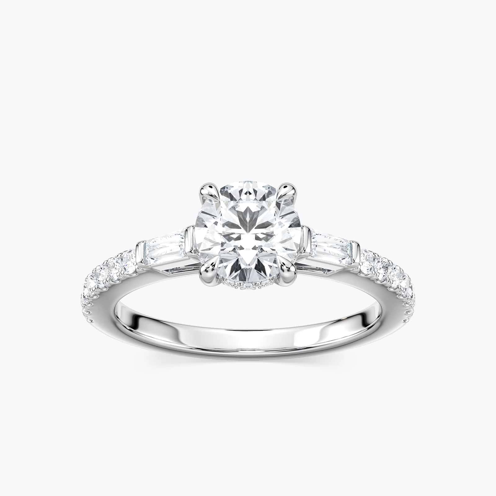 Shown here with a 1.0ct Round Cut Lab Grown Diamond center stone in 14K Rose Gold|diamond accented engagement ring with round cut lab grown diamond center stone set in 14k rose gold metal