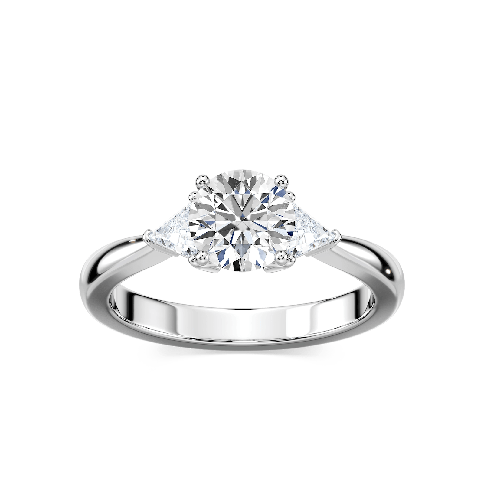 Shown with 1ct Oval Cut Lab Grown Diamond & 0.50ct Triangle Cut Side Stones in 14k White Gold|Unique three stone engagement ring with 1ct oval cut lab grown diamond and two 0.50 triangle cut diamond side stones in 14k white gold setting