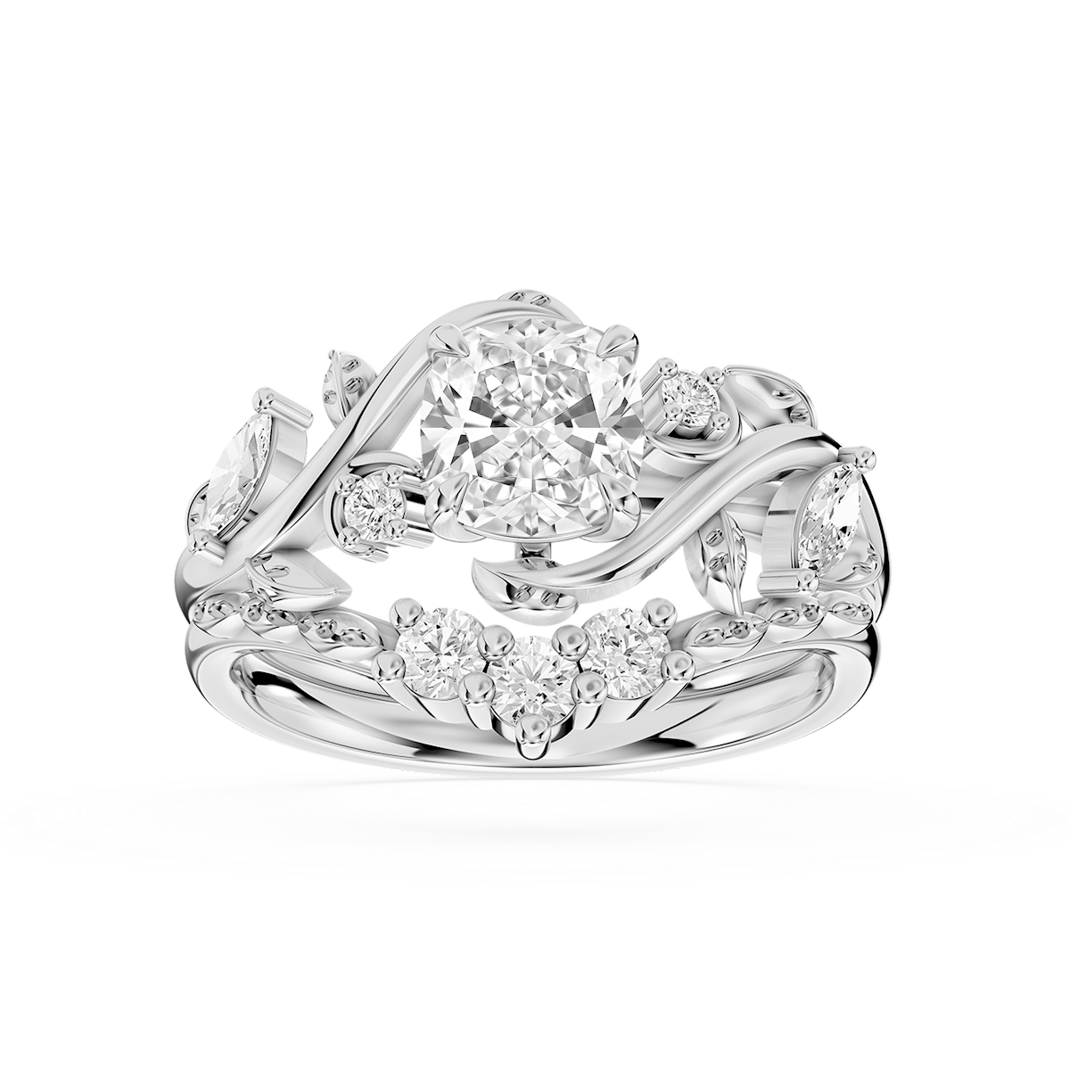 Seraphina 1 ⅓ ctw Cushion Lab Grown Diamond Vintage Floral Side Stone Bridal Set