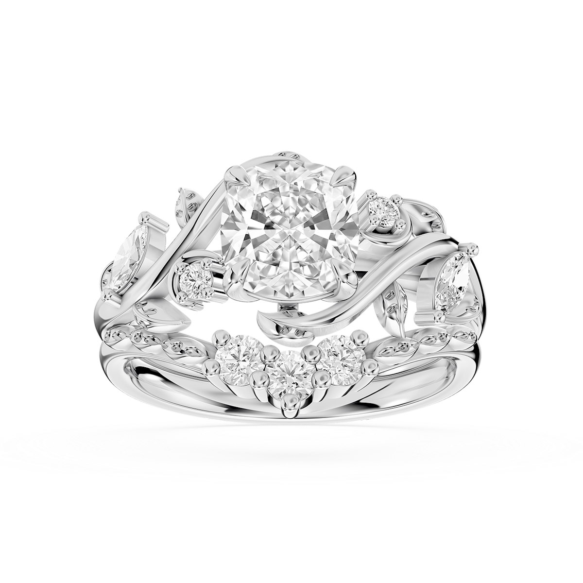 Seraphina 1 ⅞ ctw Cushion Lab Grown Diamond Vintage Floral Side Stone Bridal Set