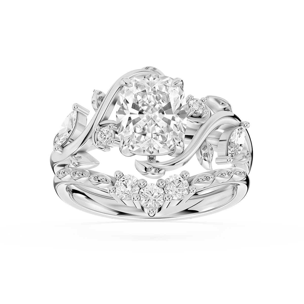 Seraphina 1 ⅞ ctw Elongated Cushion Lab Grown Diamond Vintage Floral Side Stone Bridal Set