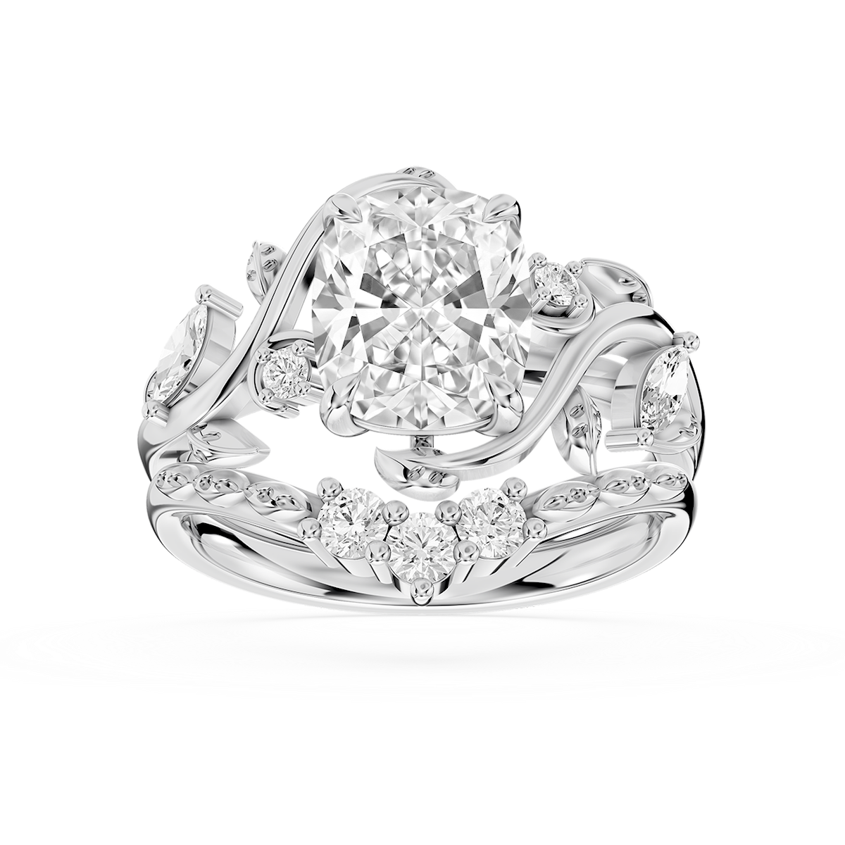 Seraphina 2 ⅓ ctw Elongated Cushion Lab Grown Diamond Vintage Floral Side Stone Bridal Set