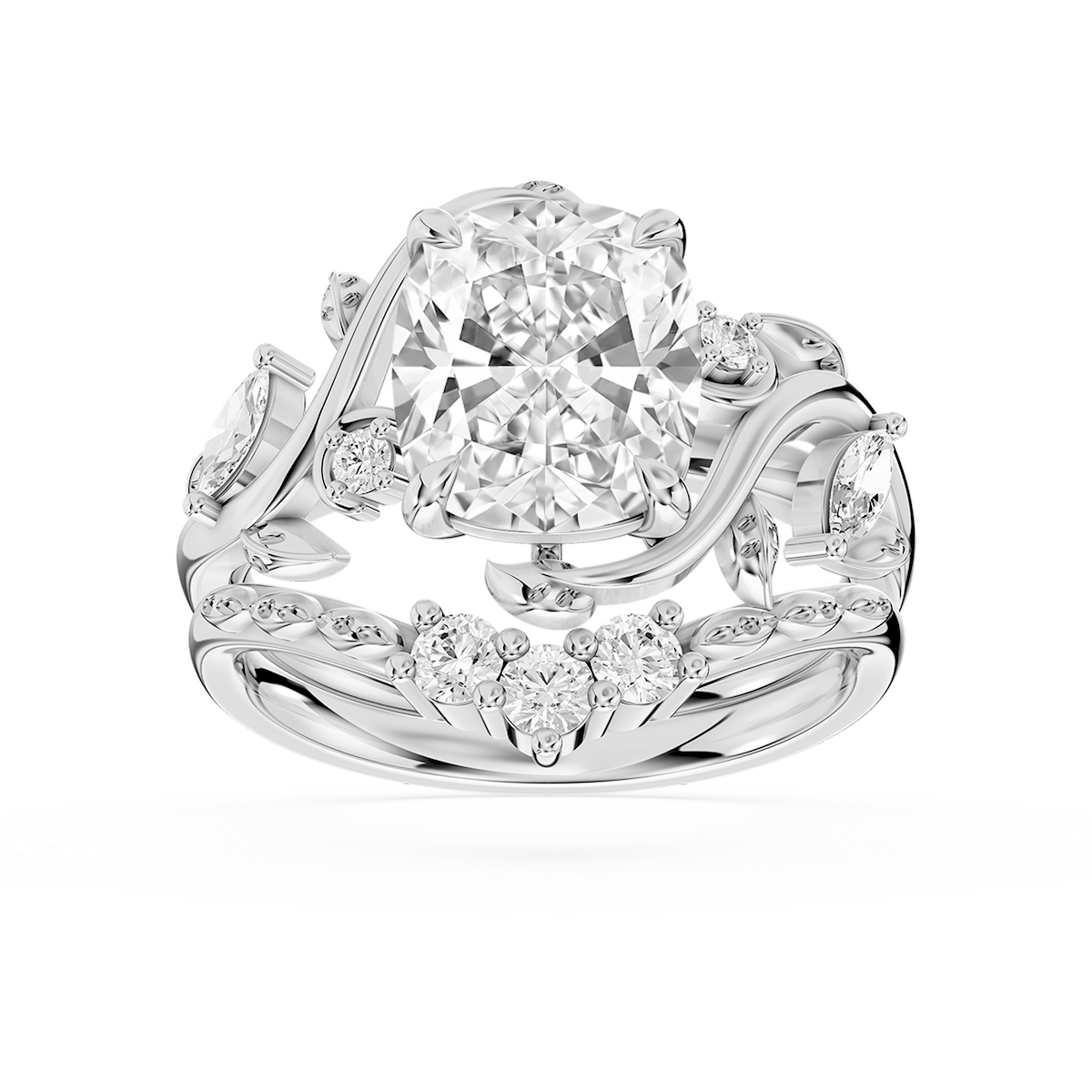 Seraphina 2 ⅞ ctw Elongated Cushion Lab Grown Diamond Vintage Floral Side Stone Bridal Set