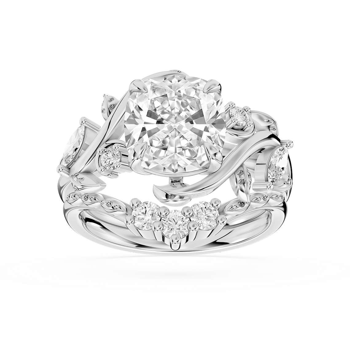 Seraphina 3 ⅓ ctw Cushion Lab Grown Diamond Vintage Floral Side Stone Bridal Set
