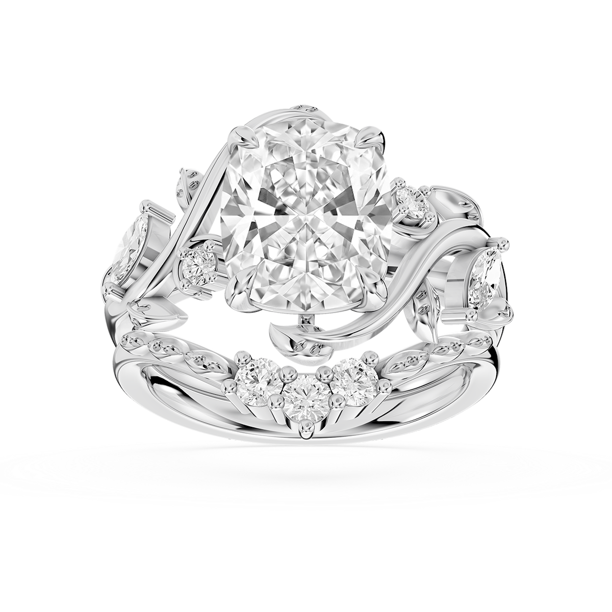 Seraphina 3 ⅓ ctw Elongated Cushion Lab Grown Diamond Vintage Floral Side Stone Bridal Set