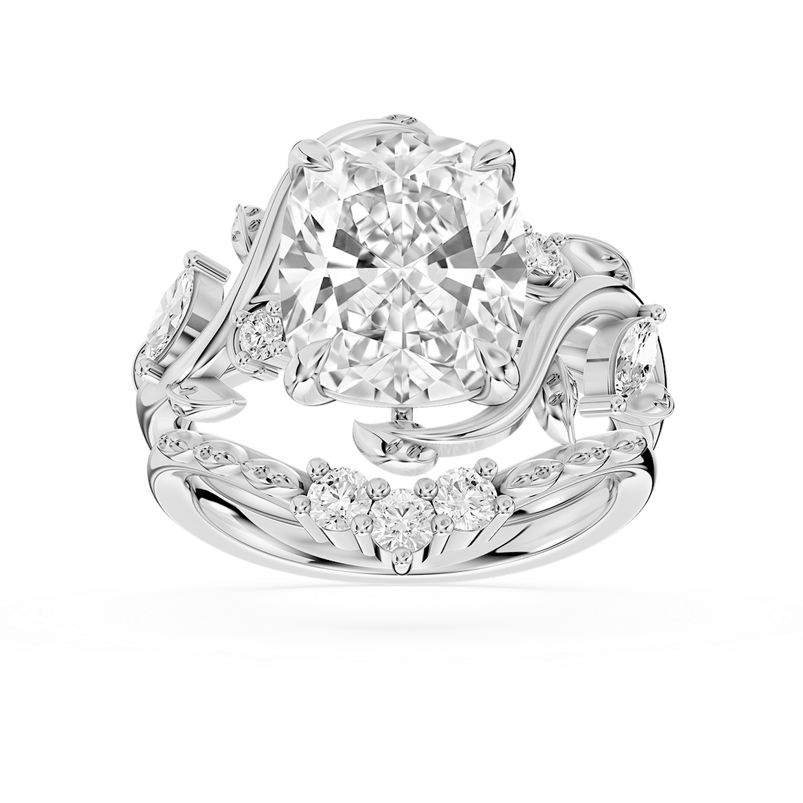 Seraphina 4 ⅓ ctw Elongated Cushion Lab Grown Diamond Vintage Floral Side Stone Bridal Set