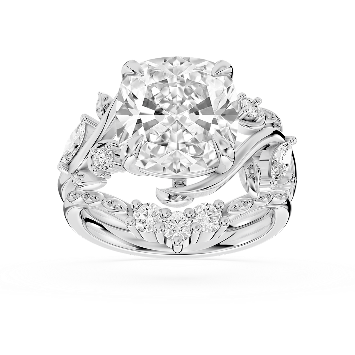 Seraphina 5 ⅓ ctw Cushion Lab Grown Diamond Vintage Floral Side Stone Bridal Set
