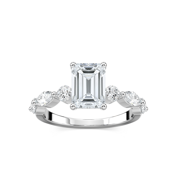 Sia Emerald Lab Grown Diamond Single Shared Prong Side Stone Engagement Ring