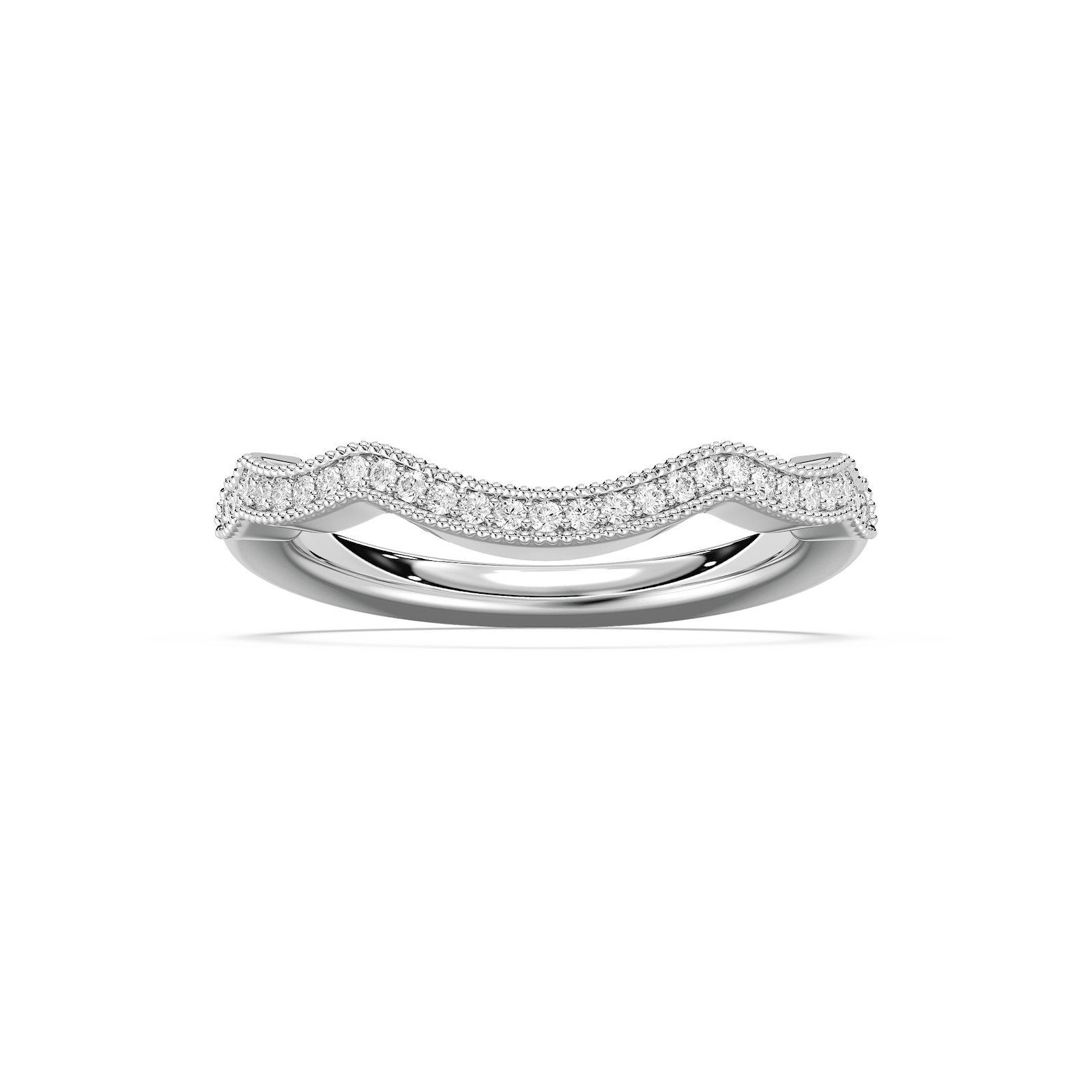 Stark curved wedding band with accenting diamonds and filigree detailing in recycled 14K white gold made to fit the Stark Engagement ring | Curved wedding band accenting diamonds filigree detailing recycled 14K white gold