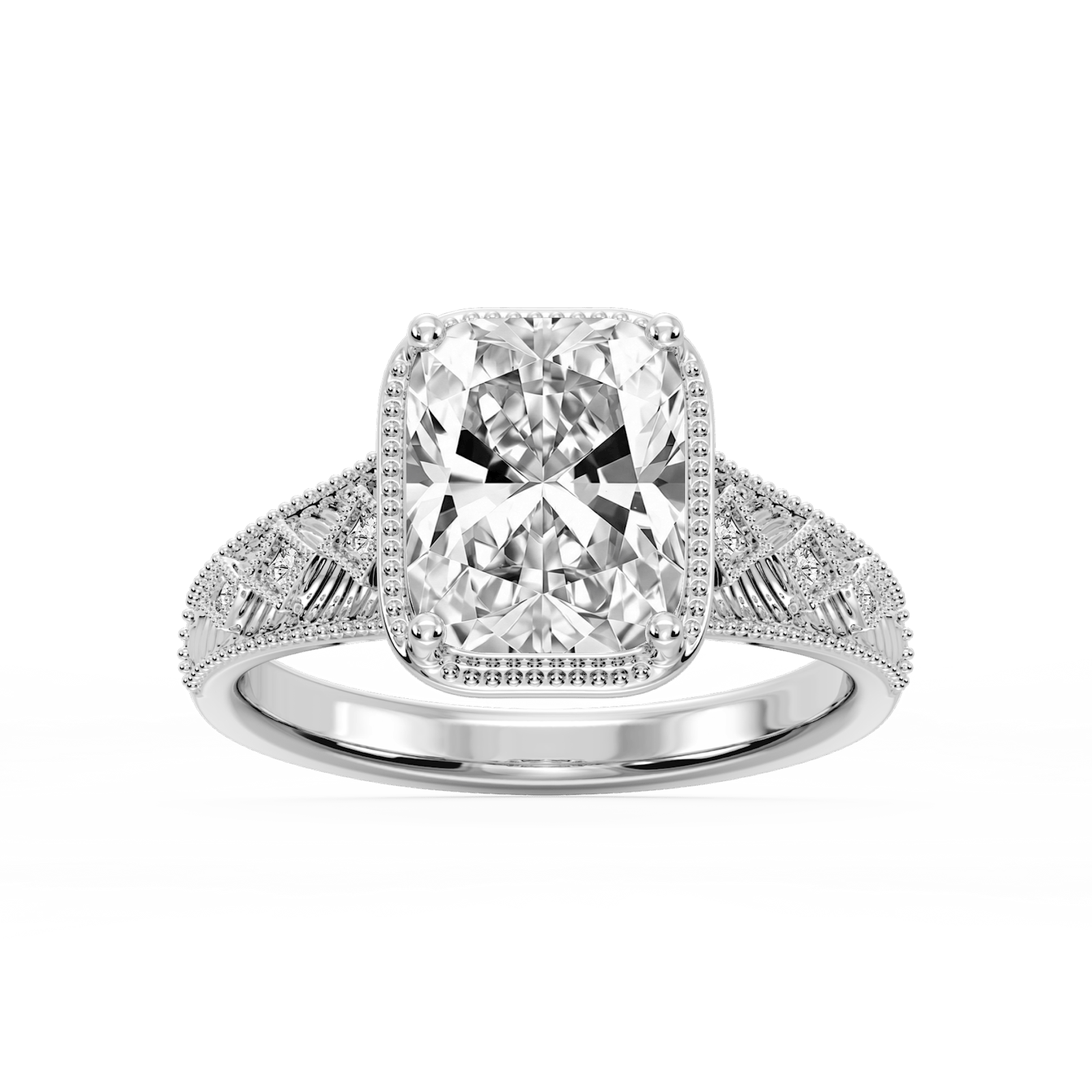 Sylvia Old Mine Cushion Lab Grown Diamond Etched Milgrain Side Stone Engagement Ring