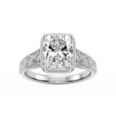 Sylvia Old Mine Cushion Lab Grown Diamond Etched Milgrain Side Stone Engagement Ring