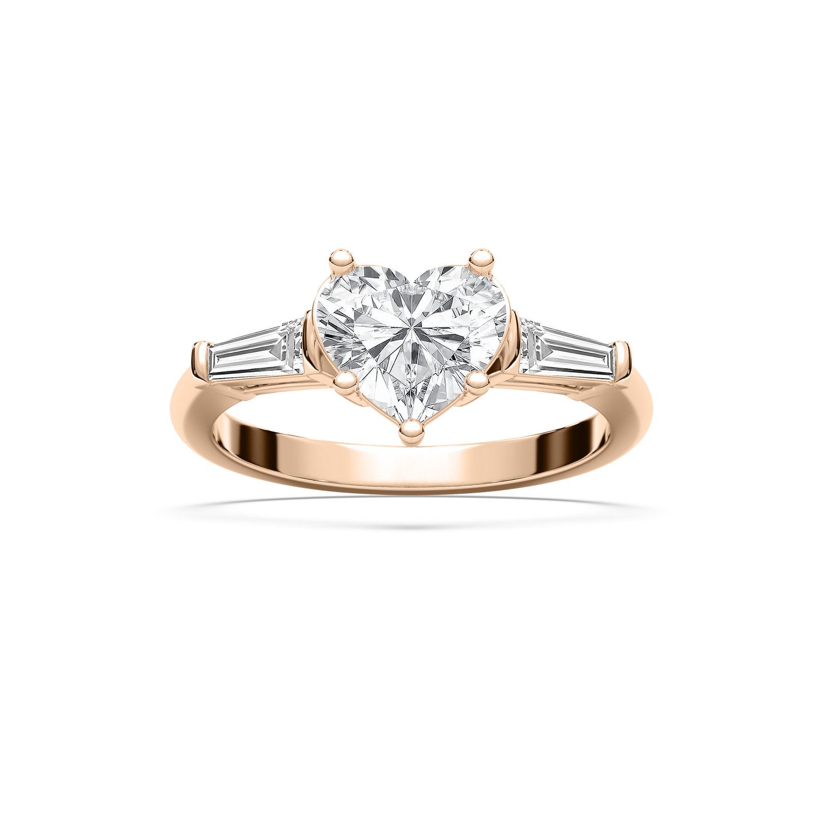 Justice Heart Lab Grown Diamond with Tapered Baguette Sides Three Stone Engagement Ring
