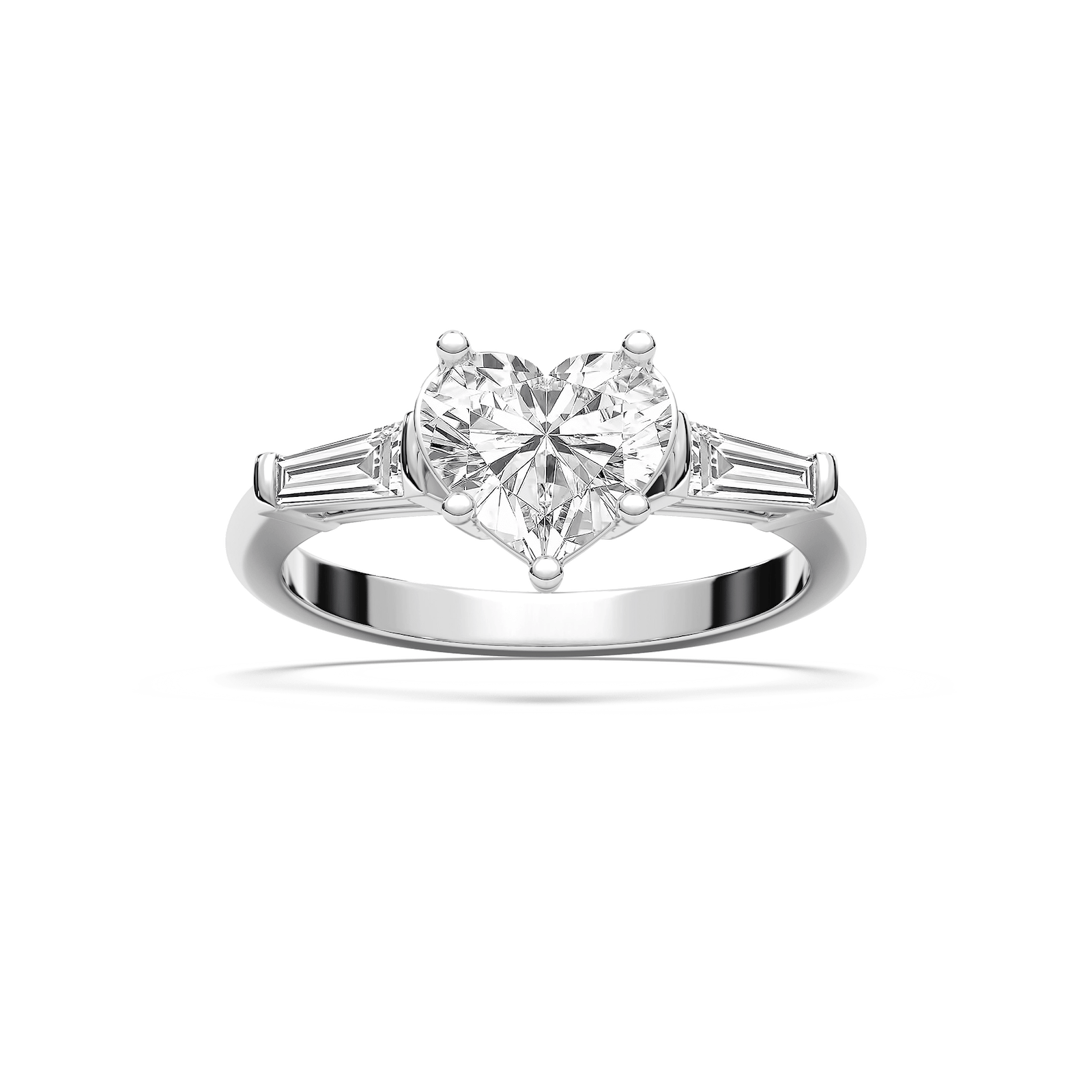 Justice Heart Lab Grown Diamond with Tapered Baguette Sides Three Stone Engagement Ring