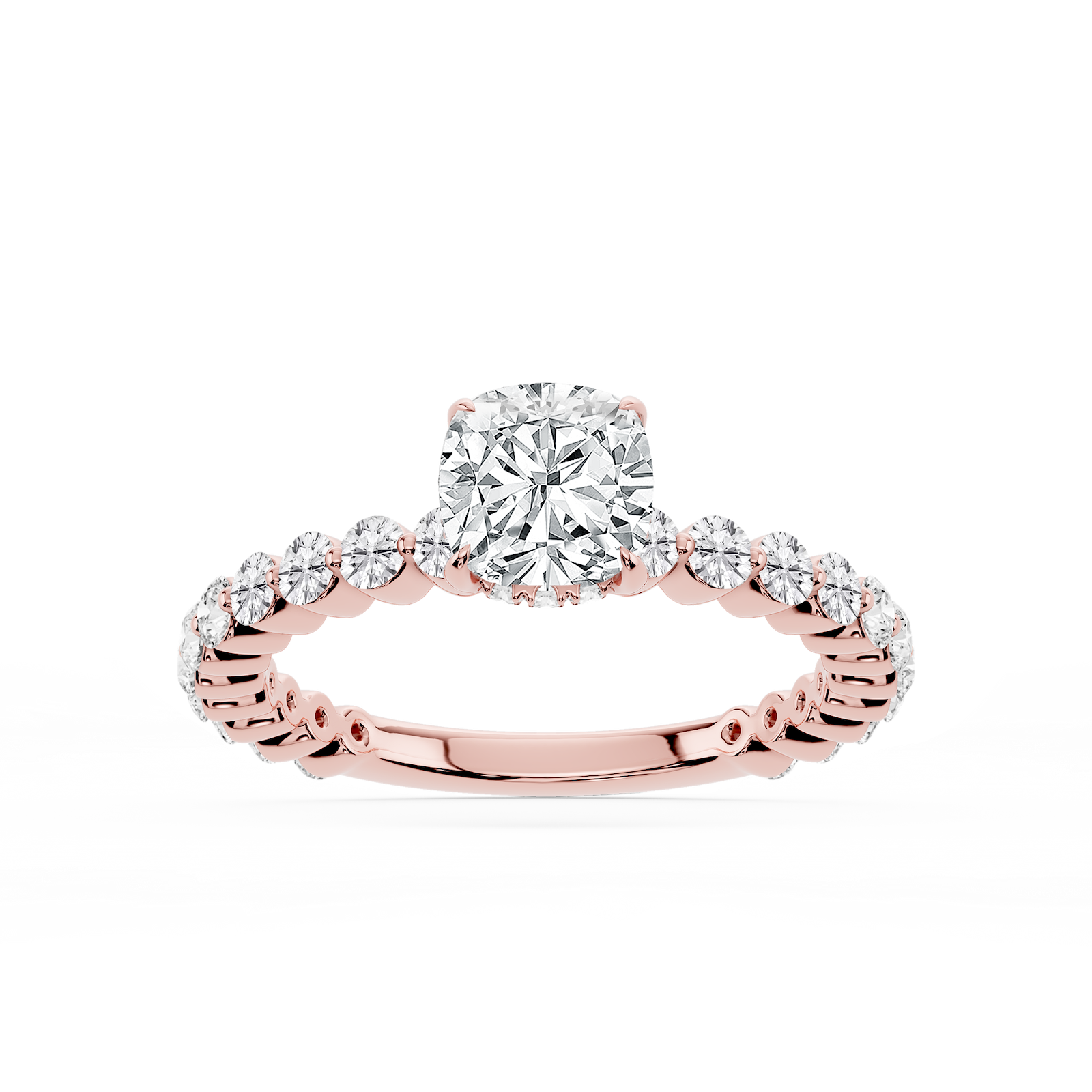 Tamara Cushion Lab Grown Diamond Single Shared Prong Hidden Halo Engagement Ring