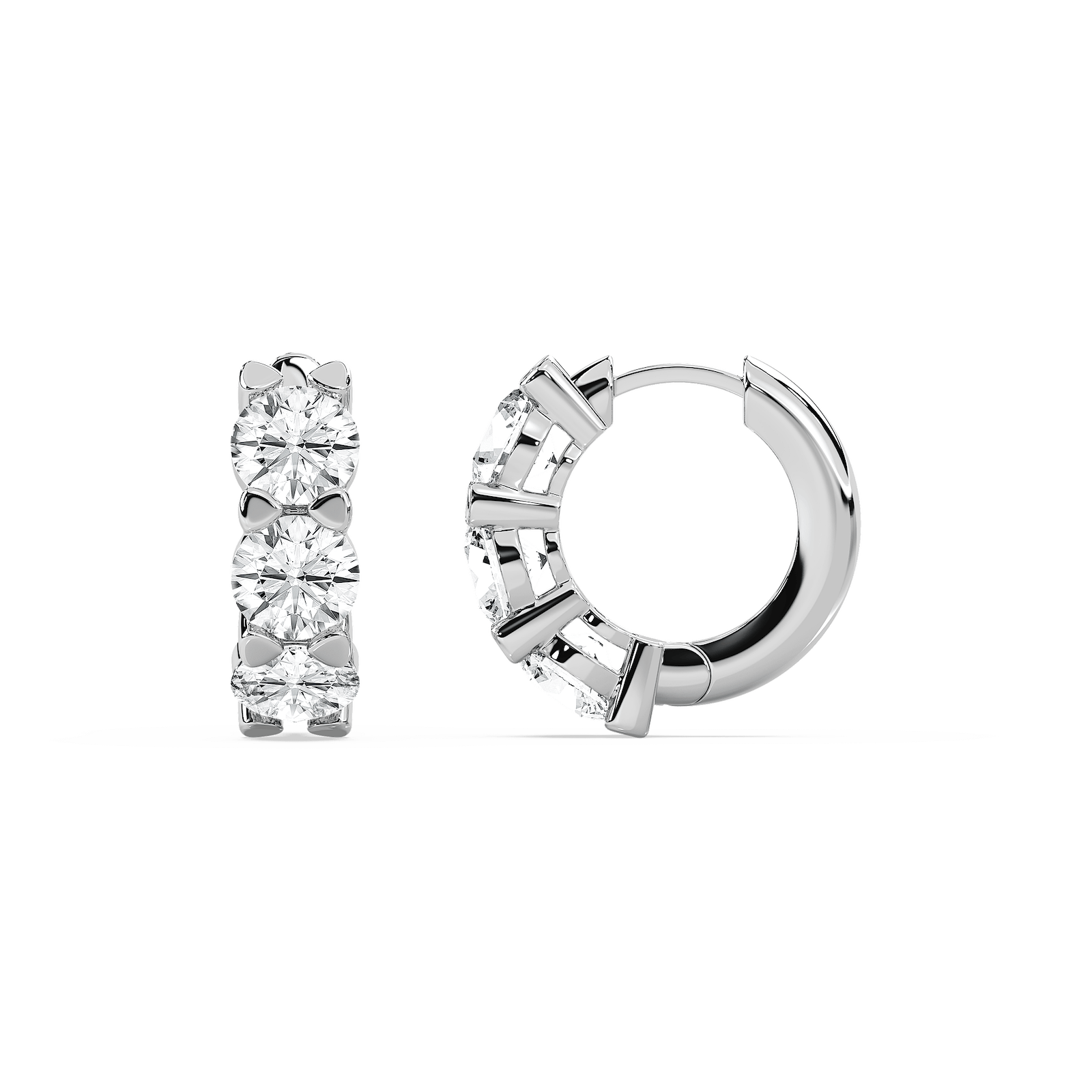 Three Stone Huggie Earrings with 5.10ctw Round Cut Lab-Grown Diamonds in 14K White Gold
