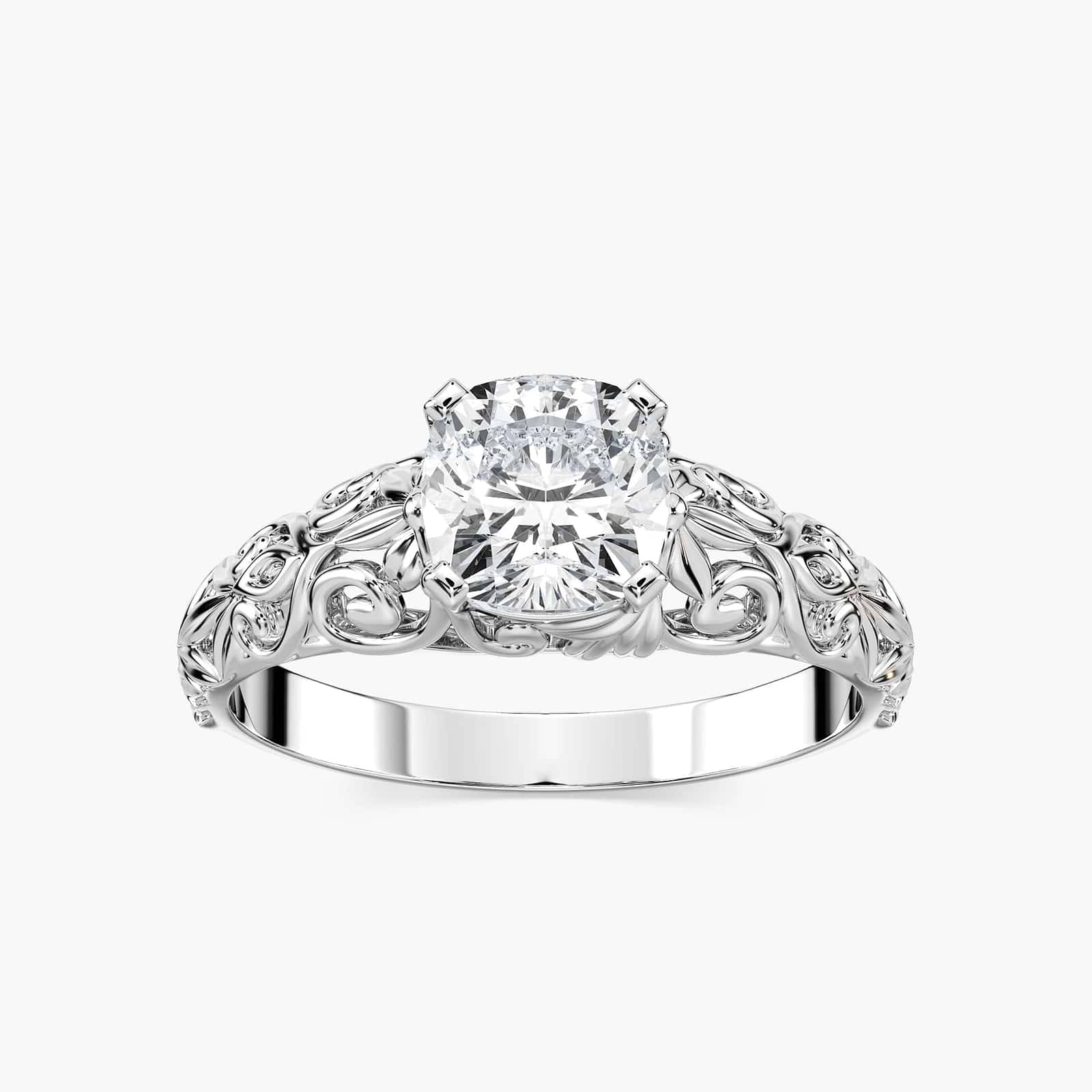 Shown with 1ct Cushion Cut Lab Grown Diamond in 14k White Gold|Vintage style nature inspired engagement ring with 1ct cushion cut lab grown diamond in detailed 14k white gold setting