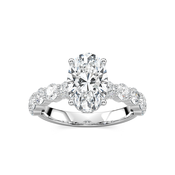 Uma Oval Lab Grown Diamond Shared Prong Hidden Halo Engagement Ring