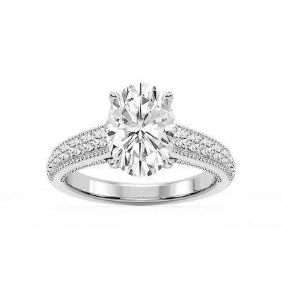 Veronica Oval Lab Grown Diamond Milgrain Channel Side Stone Engagement Ring