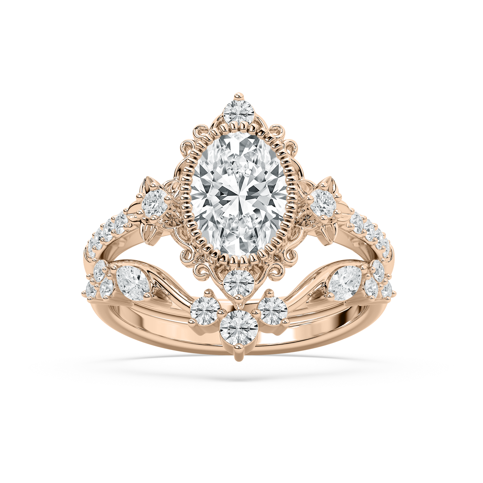 Analeah 2 ctw Oval Lab Grown Diamond Vintage Filigree Wedding Set
