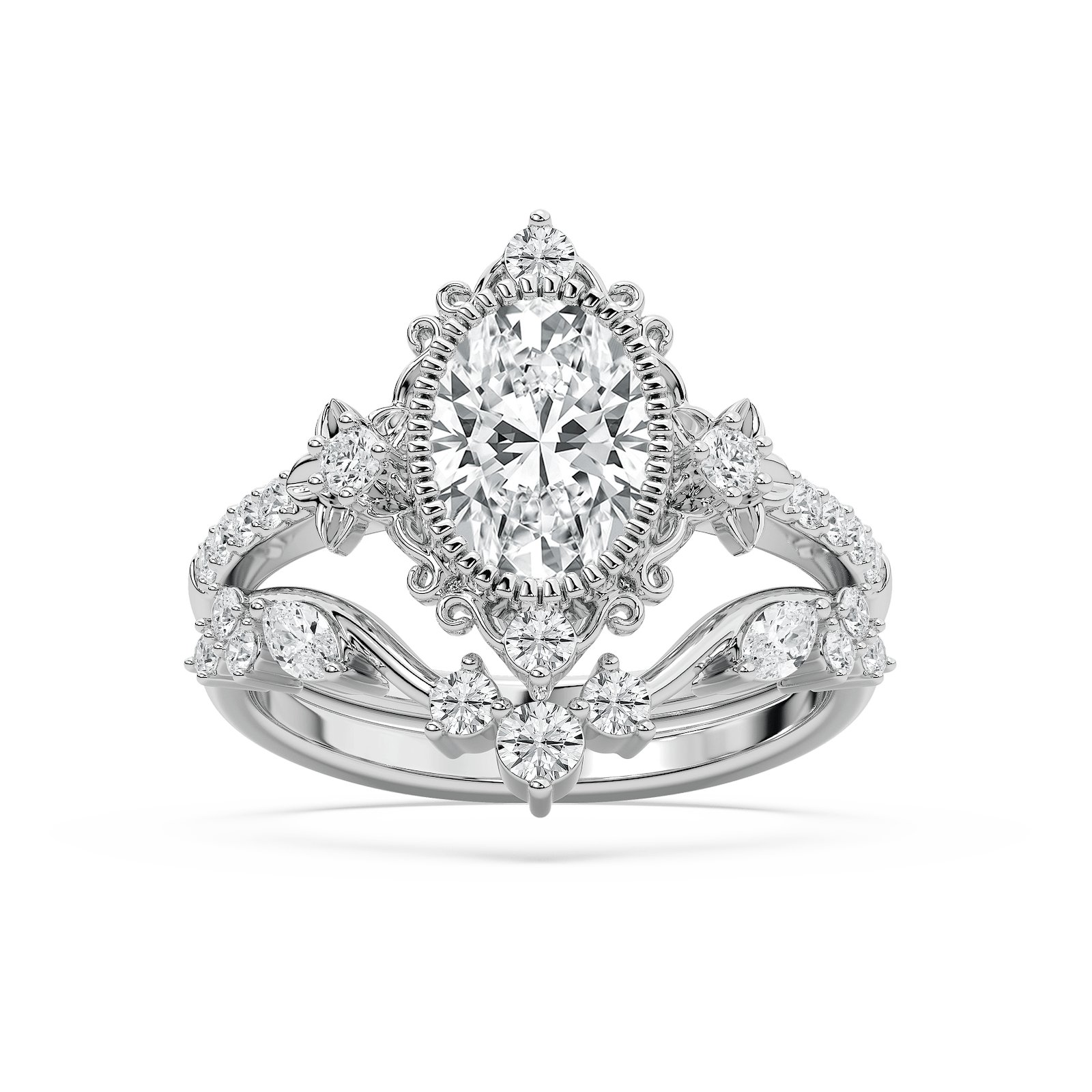 Analeah 2 ctw Oval Lab Grown Diamond Vintage Filigree Wedding Set