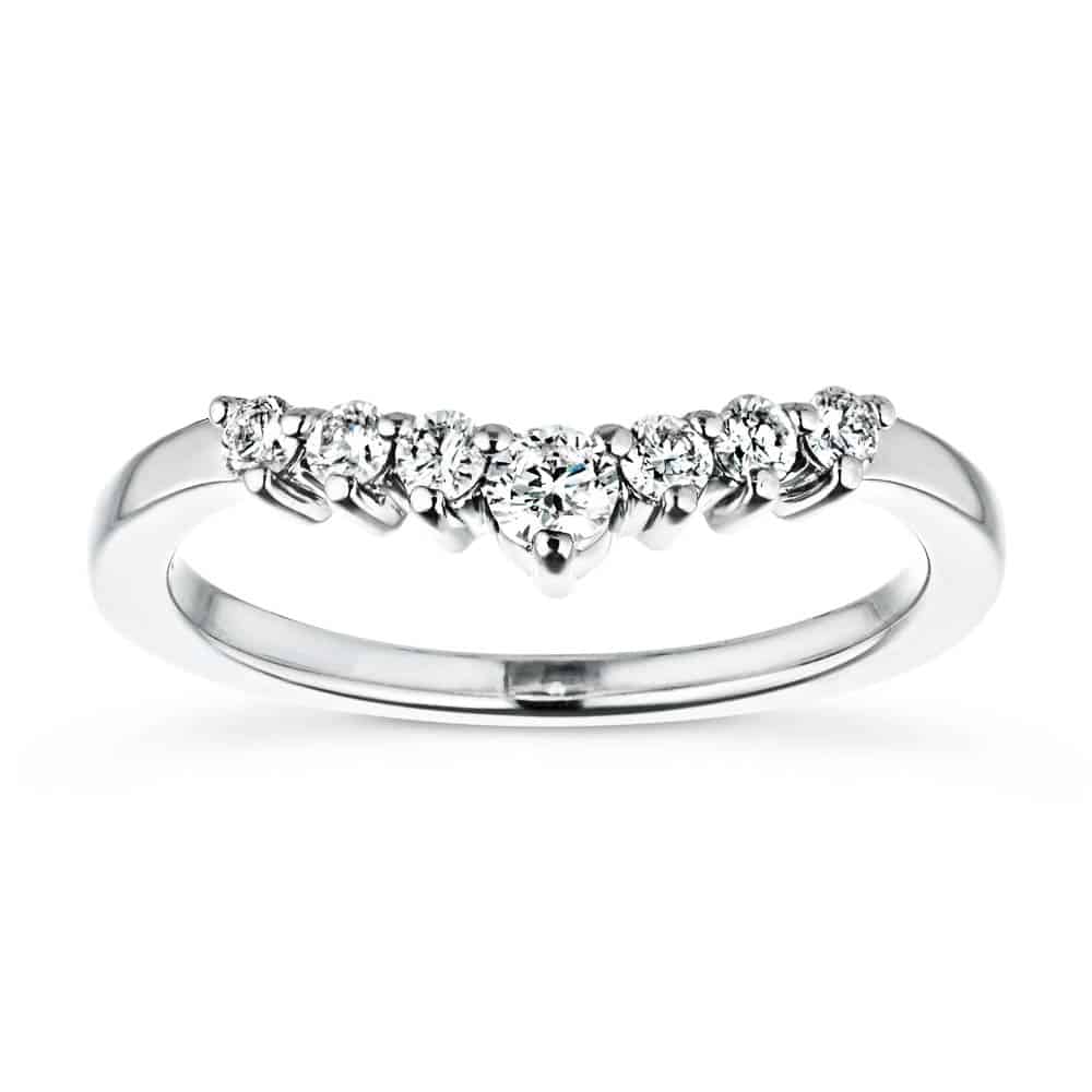 The Cordelia Wedding Band has a .21ctw half halo of round cut recycled diamonds that get larger in size as they meet in the middle of the recycled 14K white gold band | Cordelia wedding band recycled diamonds 14K white gold