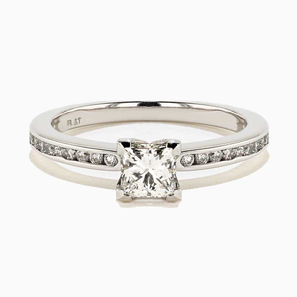 Drew Engagement Ring shown with a 0.57ct princess cut lab-grown diamond center stone in platinum |drew engagement ring princess cut lab-grown diamond platinum