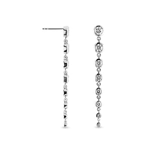 Beautiful graduated bezel drop earrings set with round lab grown diamonds in 14k white gold