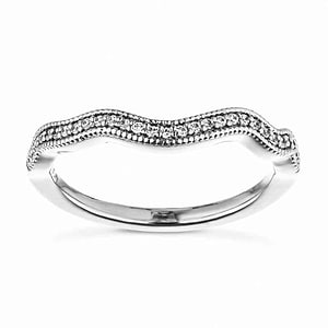  Curved wedding band accenting diamonds filigree detailing recycled 14K white gold