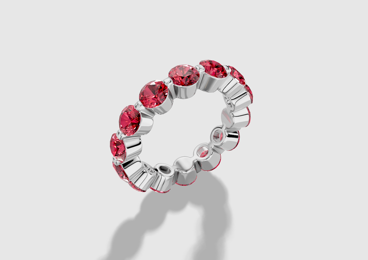Round Cut Lab Grown Ruby Single Shared Prong Eternity Band in 18K Gold