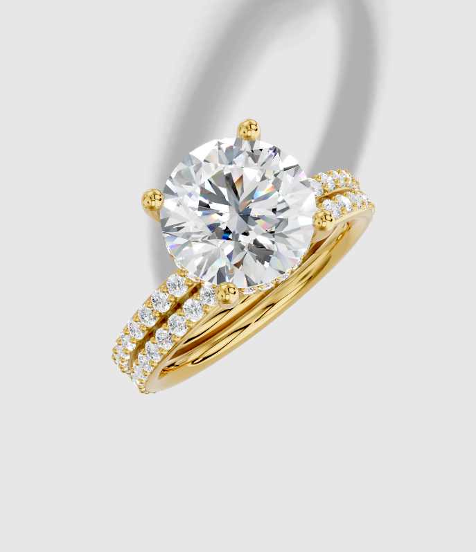 3.42 ctw Round Cut Lab Grown Diamond Shared Prong Classic Hidden Halo Engagement Ring in 18K Gold and 0.37 ctw Matching Band