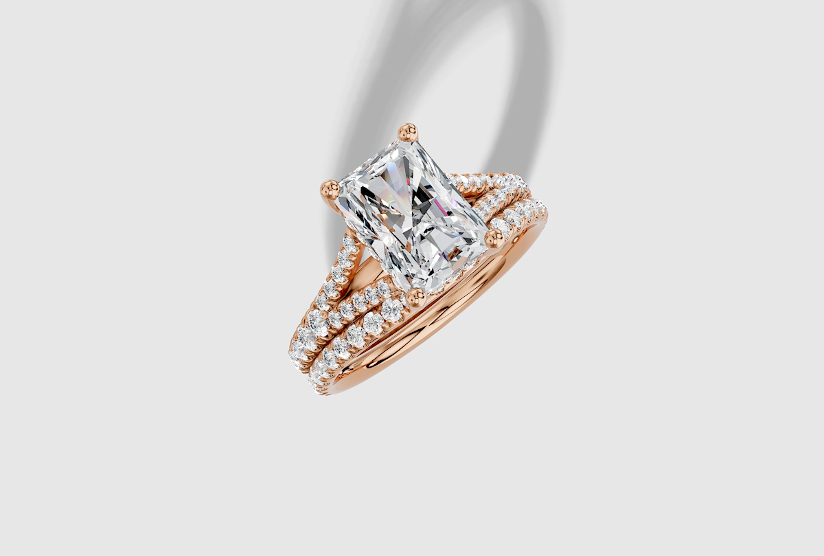 2.41 ctw Radiant Cut Lab Grown Diamond Micro Prong Split Shank Hidden Halo Engagement Ring in 18K Gold and 0.30 ctw Matching Band