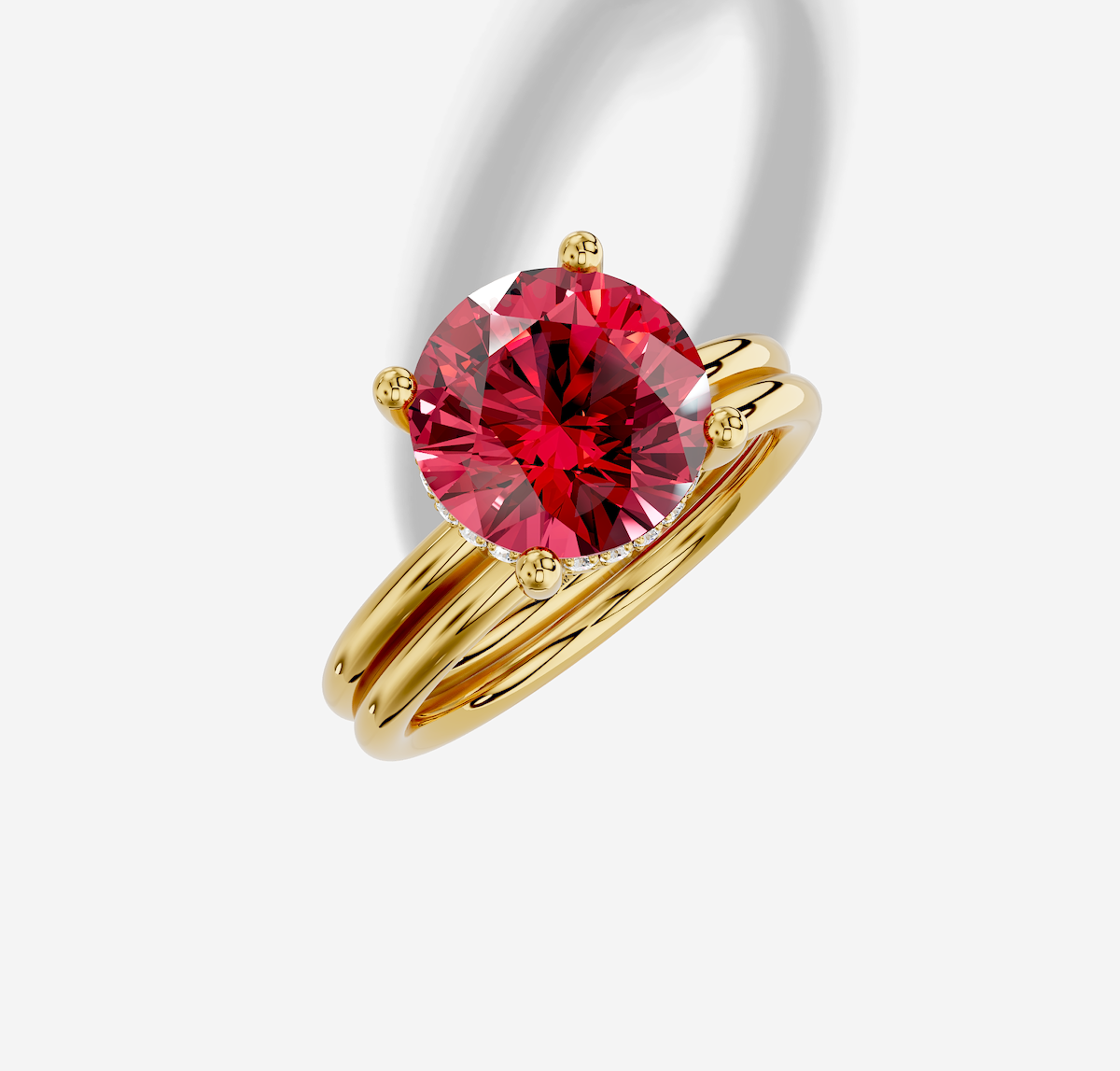 9.4 mm Round Cut Lab Grown Ruby Standard Classic Hidden Halo Engagement Ring in 14K Gold and Matching Band