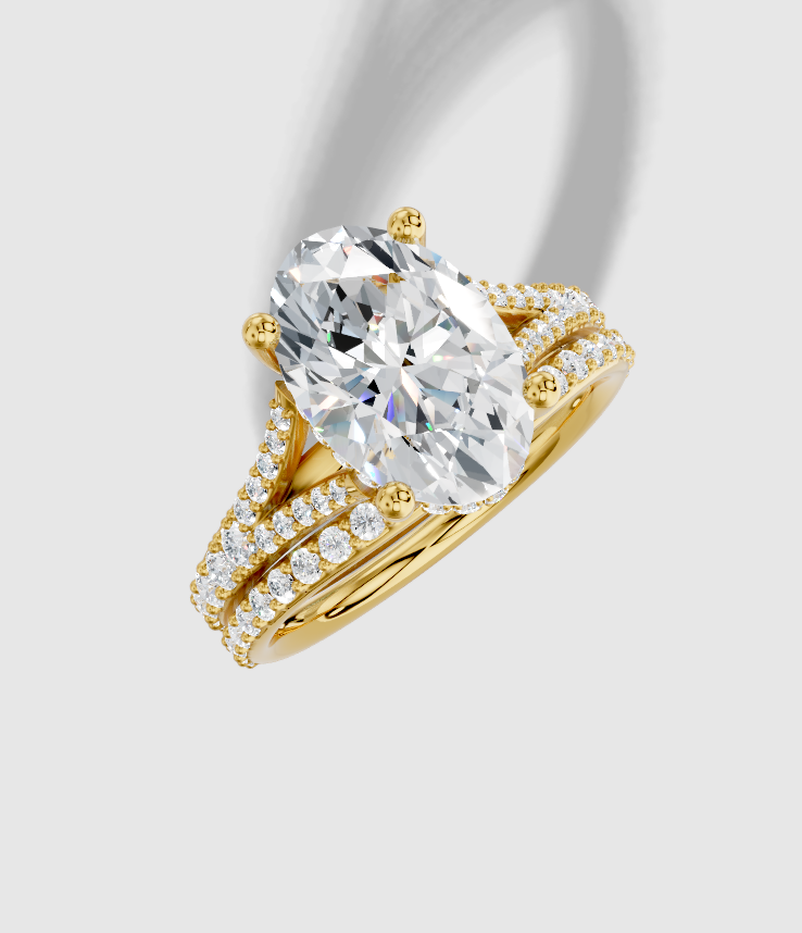 3.43 ctw Oval Cut Lab Grown Diamond Shared Prong Split Shank Hidden Halo Engagement Ring in 18K Gold and 0.30 ctw Matching Band