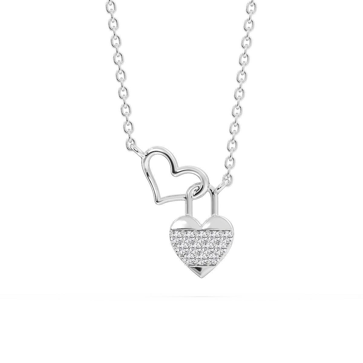1/15 ctw Round Lab Grown Diamond Double Heart Lock Necklace - 16-18 Inches