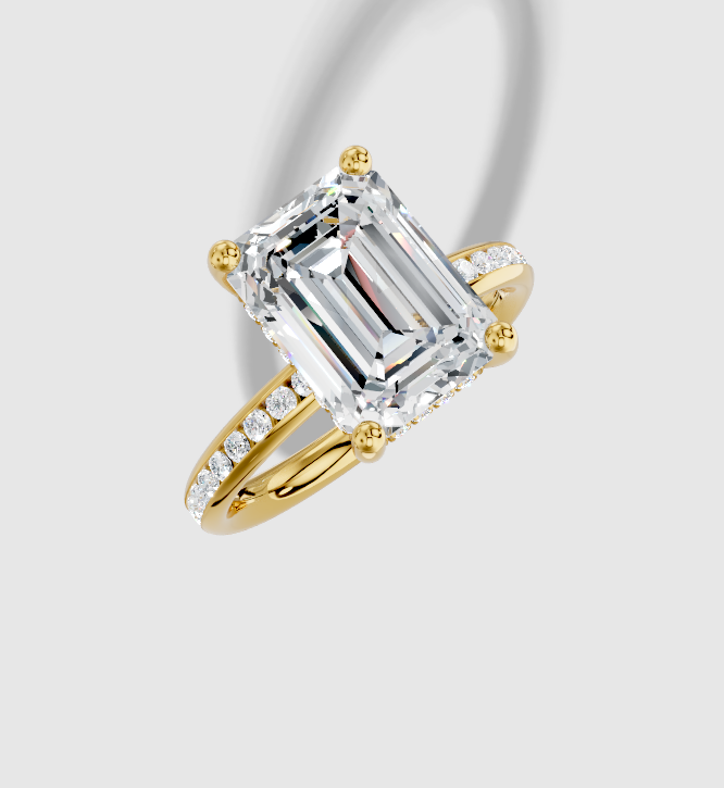 4.42 ctw Emerald Cut Lab Grown Diamond Channel Classic Hidden Halo Engagement Ring in 18K Gold