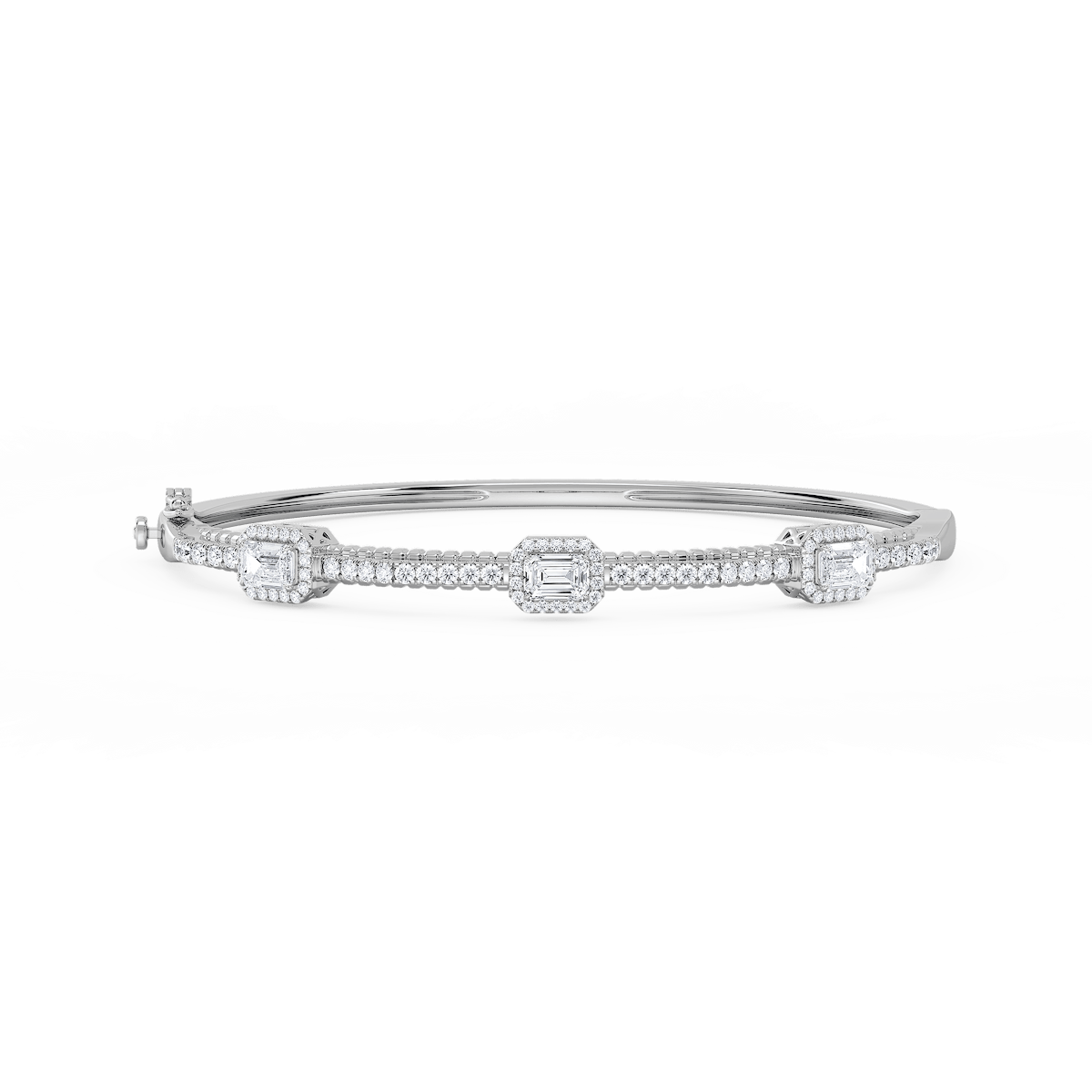 2 ¼ ctw Emerald and Round Lab Grown Diamond Halo Station Bangle Bracelet  - 7.25 Inches