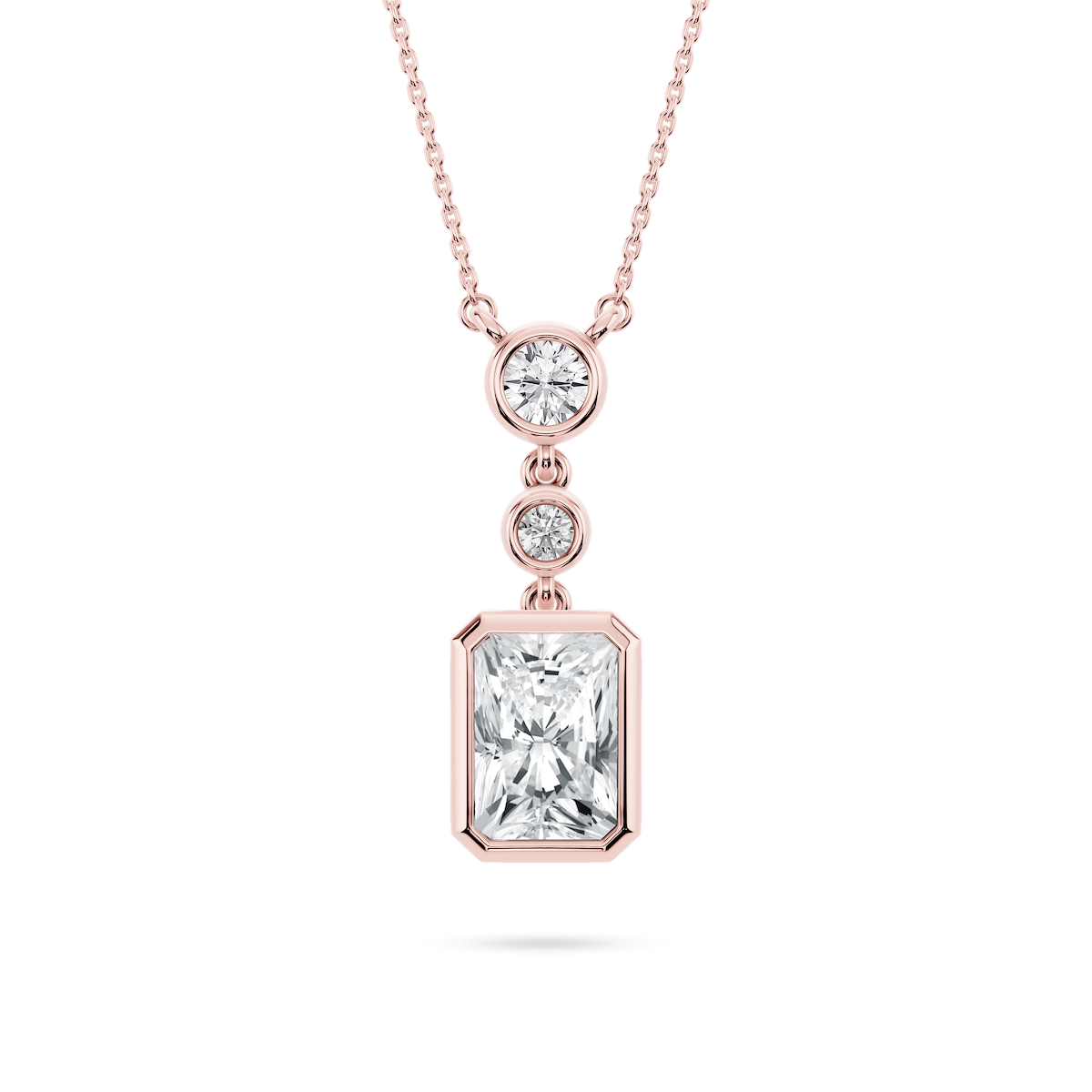 2 ¼ ctw Radiant and Round Lab-Grown Diamond Bezel Set Three Stone Pendant – 16–18 inches