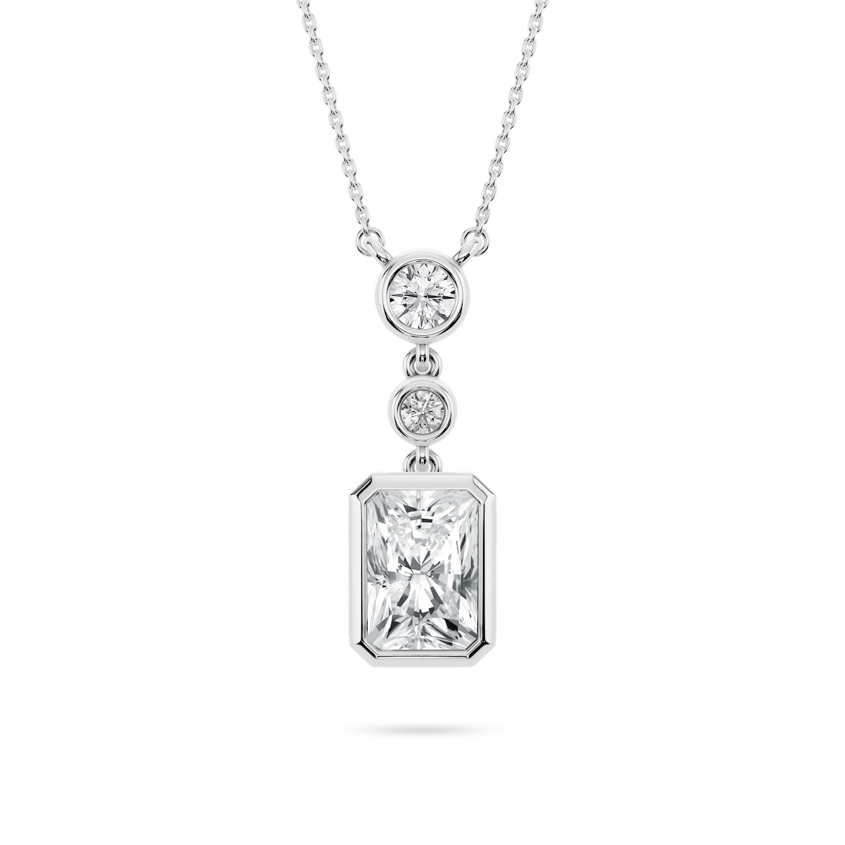 2 ¼ ctw Radiant and Round Lab-Grown Diamond Bezel Set Three Stone Pendant – 16–18 inches