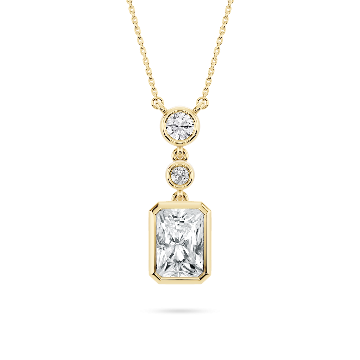2 ¼ ctw Radiant and Round Lab-Grown Diamond Bezel Set Three Stone Pendant – 16–18 inches