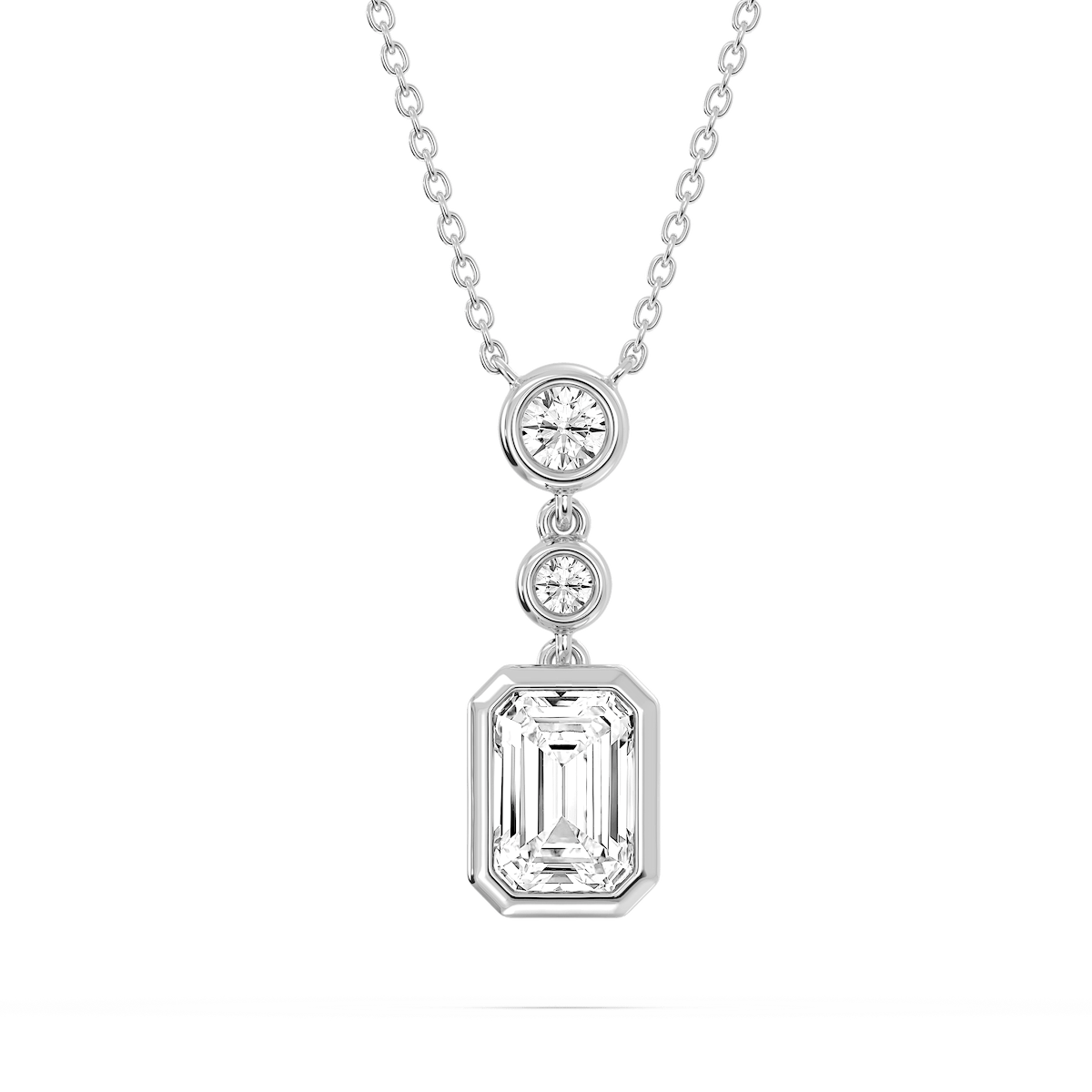 2 ¼ ctw Emerald and Round Lab Grown Diamond Bezel Set Three Stone Pendant - 18 Inches