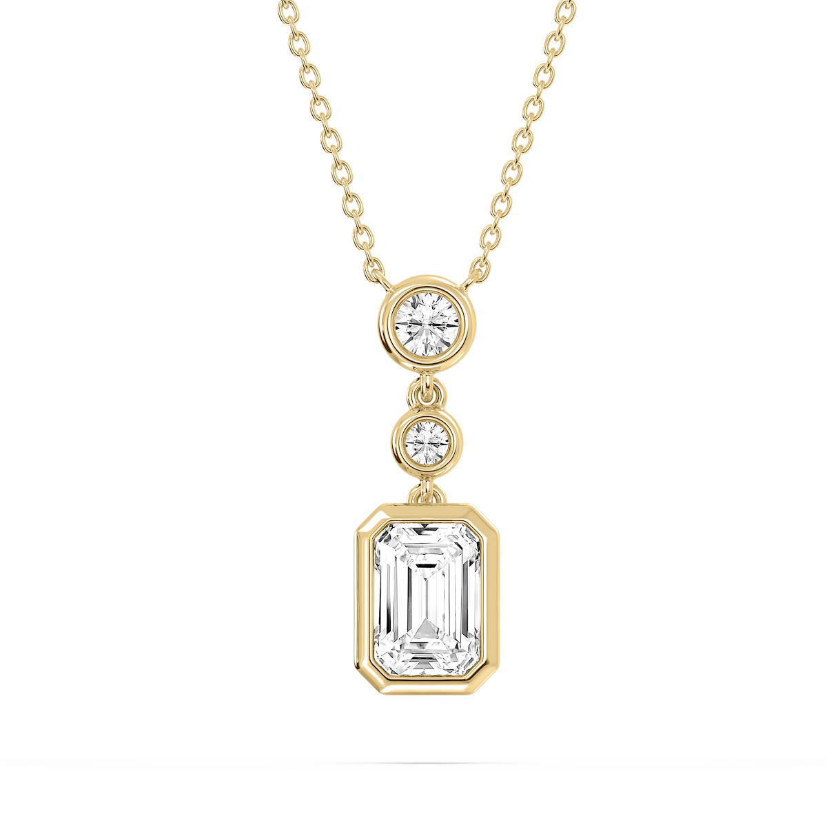2 ¼ ctw Emerald and Round Lab Grown Diamond Bezel Set Three Stone Pendant - 18 Inches